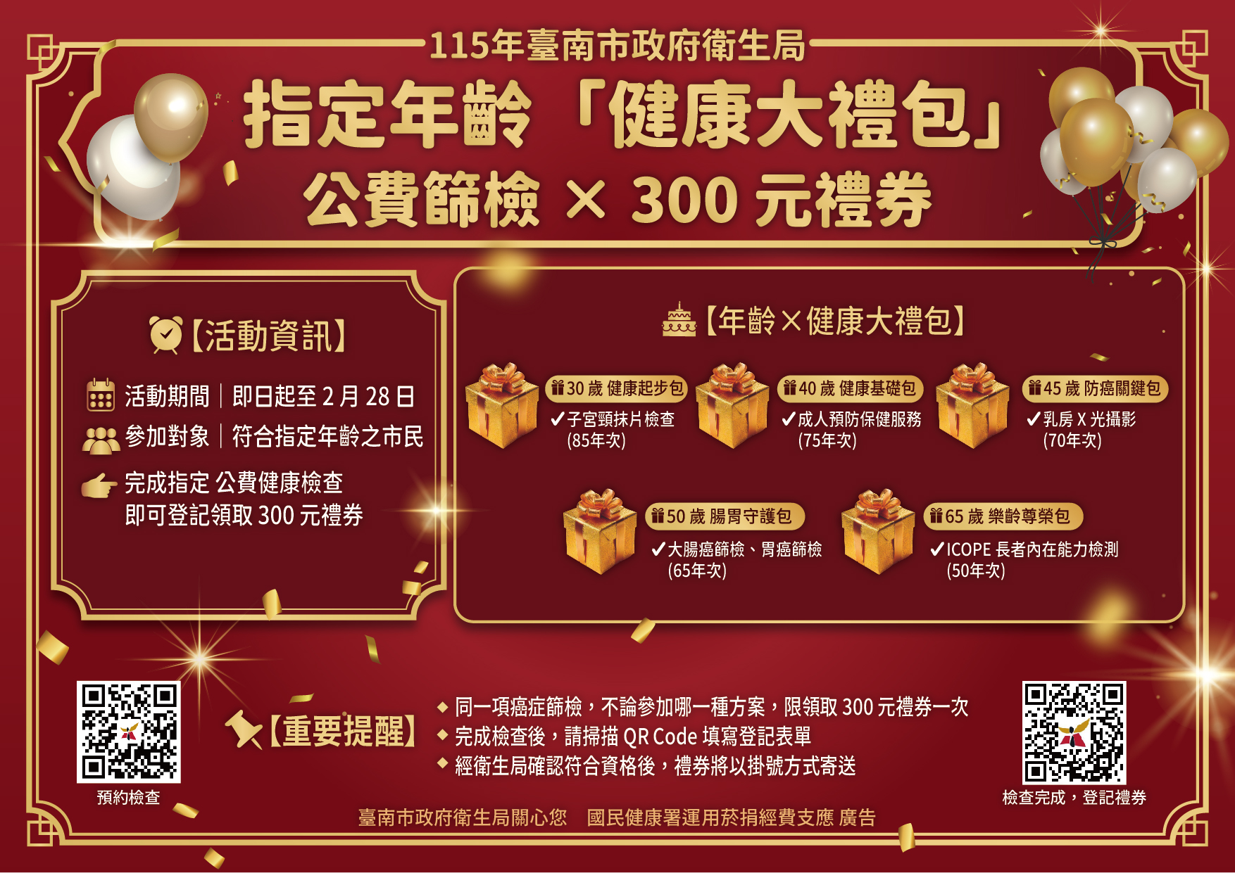 南市針對5大關鍵年齡層推出專屬篩檢「健康大禮包」。（台南市政府提供）