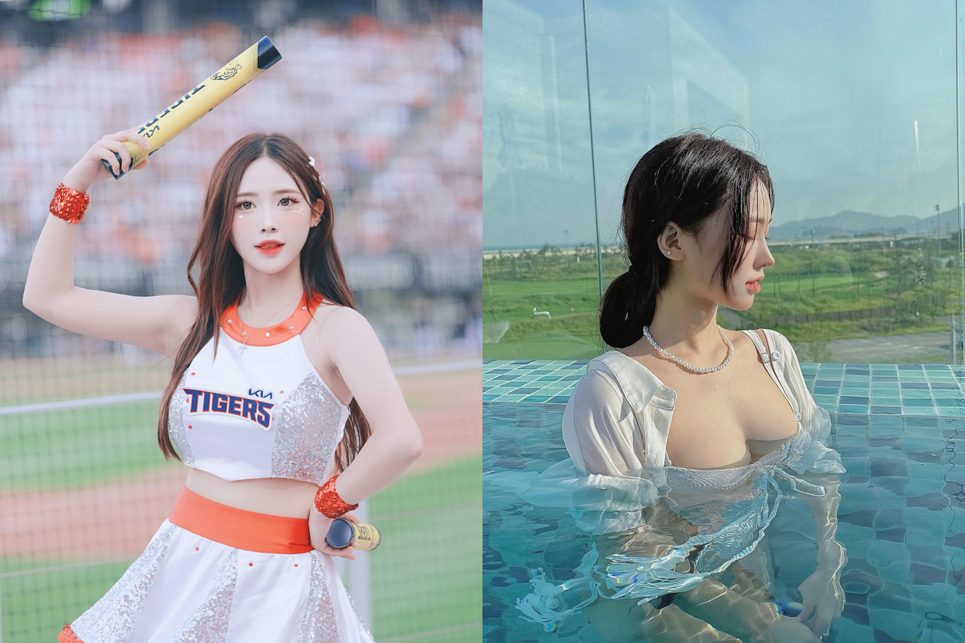 韓國職棒起亞虎啦啦隊女孩李素敏年僅19歲，出道不到1年，擁有超高人氣。（合成圖，左翻攝自Instagram@photo_dosa、_s._.s_0）