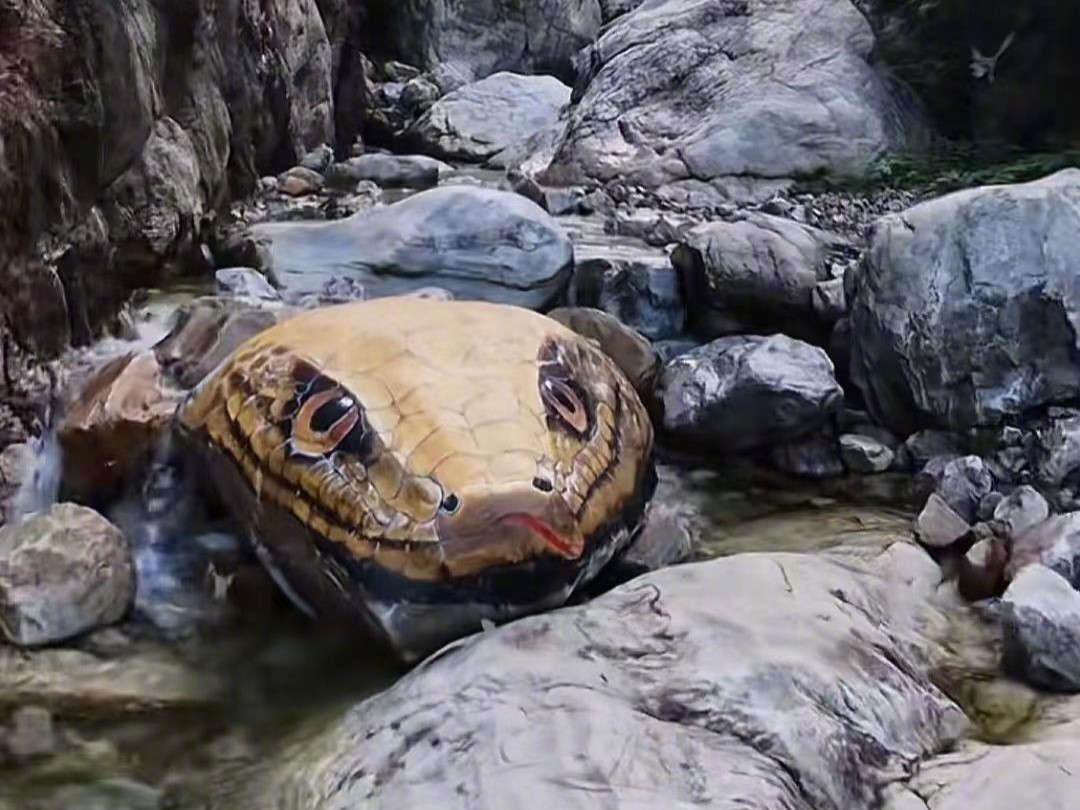 中國河南嵩山玉皇溝風景區「巨型蛇頭」彩繪。（翻攝自微博頭條新聞）