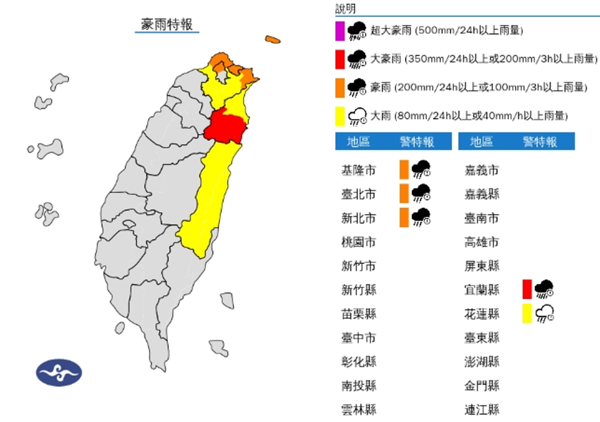 中央氣象署發布豪雨特報。(中央氣象署提供)