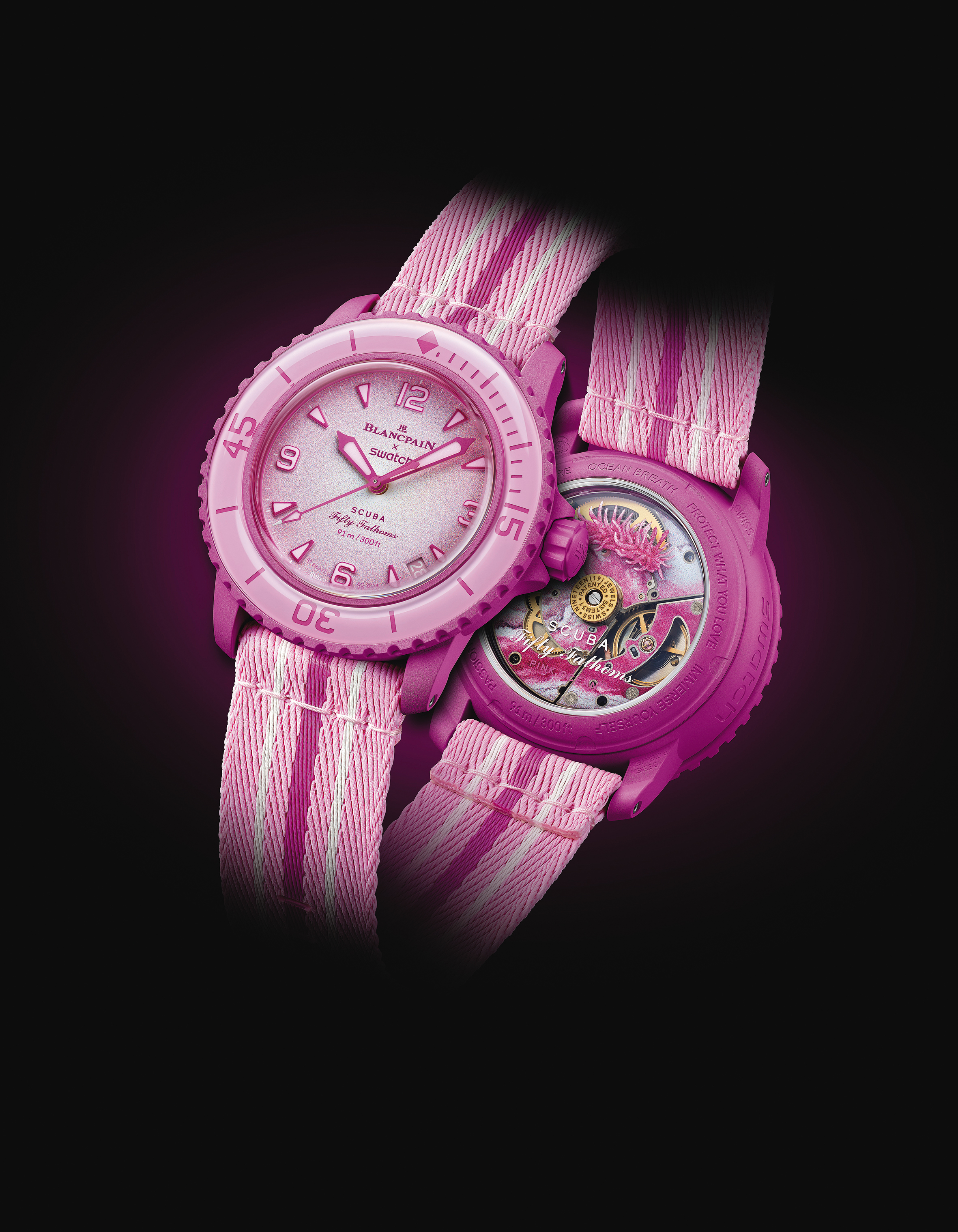 Swatch Bioceramic Scuba Fifty Fathoms系列PINK OCEAN腕錶。NT$13,000(Swatch提供)