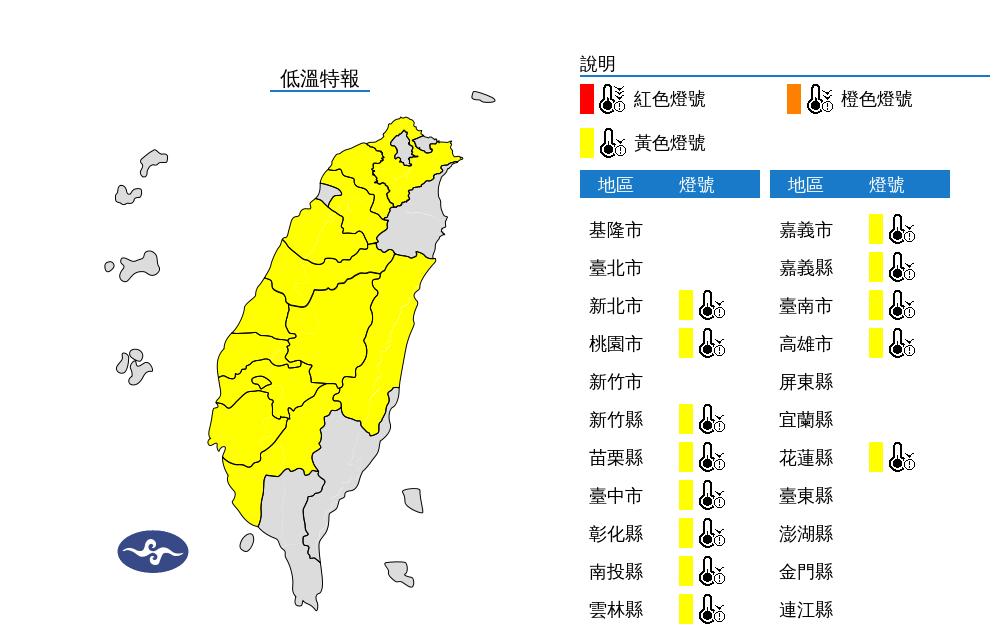 氣象署對13縣市發布低溫特報，新北至高雄及花蓮局部地區，有10度以下氣溫發生機率。（氣象署提供）