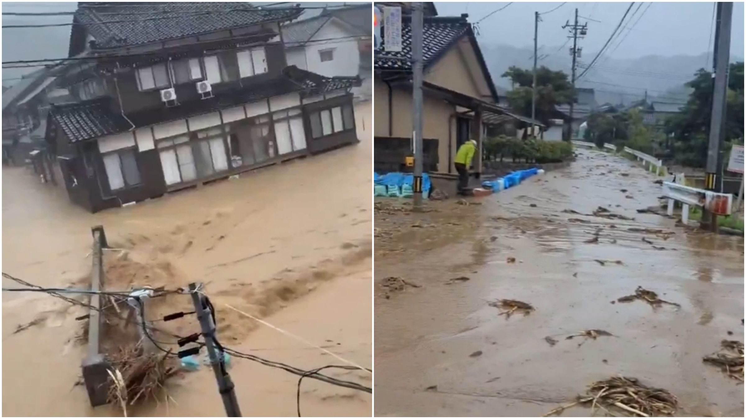 日本石川縣、富山縣遭遇破紀錄豪雨，造成多地發生河川氾濫及土石流等災情。（翻攝自X@elly_rabisoku）