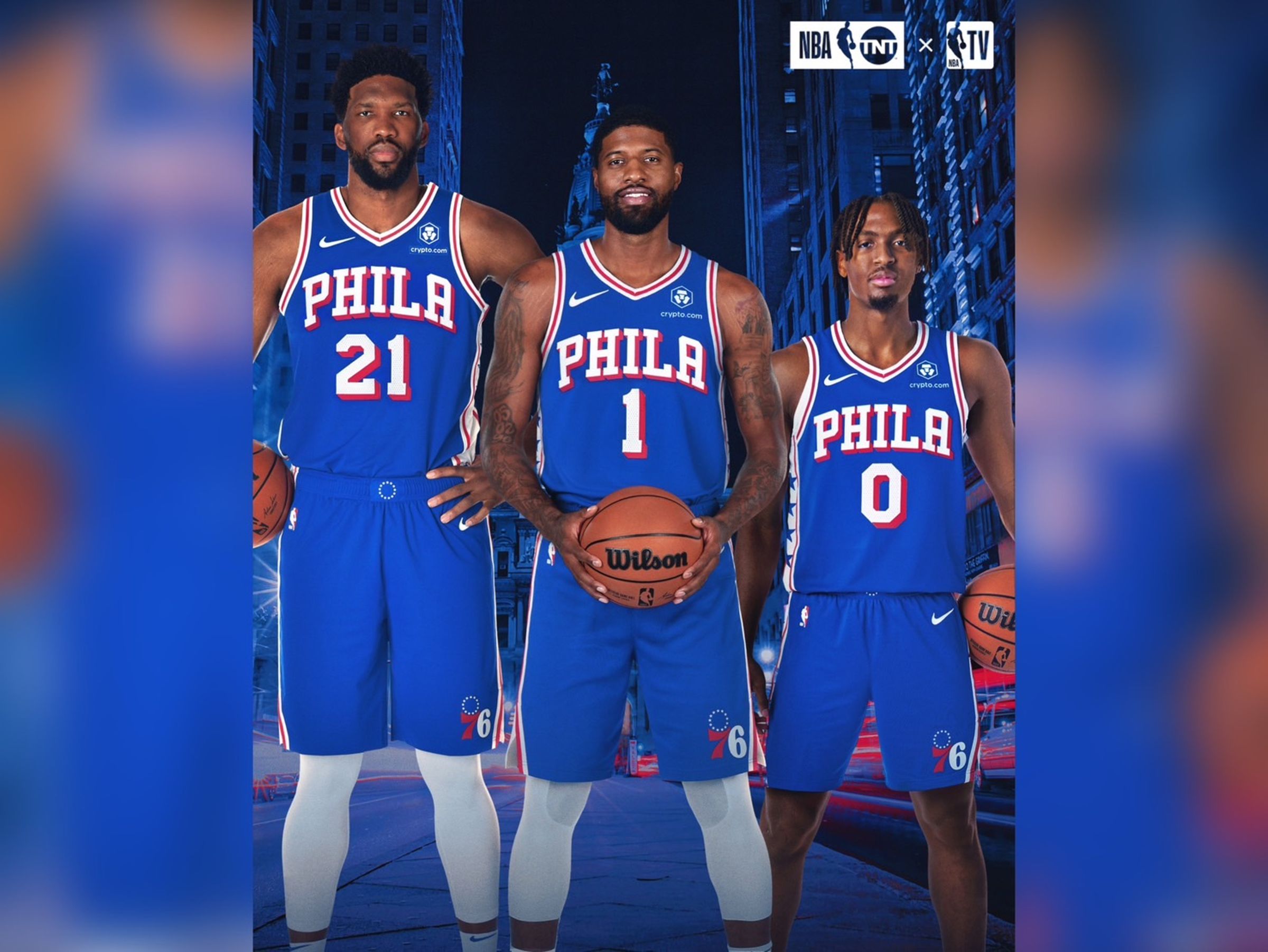 Paul George（中間）轉戰76人，組成新三巨頭。（翻攝自X@NBAonTNT）
