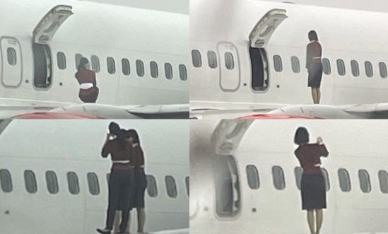 有民眾目擊南韓易斯達航空的空姐爬上機翼自拍。（翻攝自x）