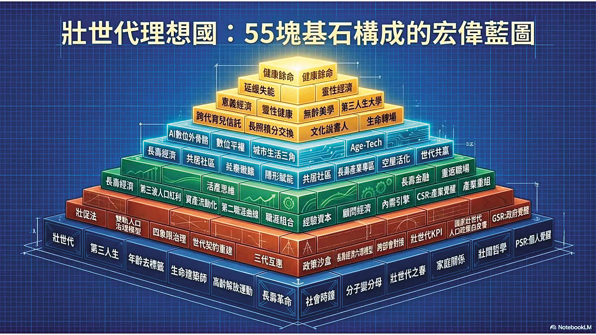 吳春城以55塊基石，建構壯世代理想國論述，而「壯世代」為其理念核心。（壯世代教科文總會提供）
