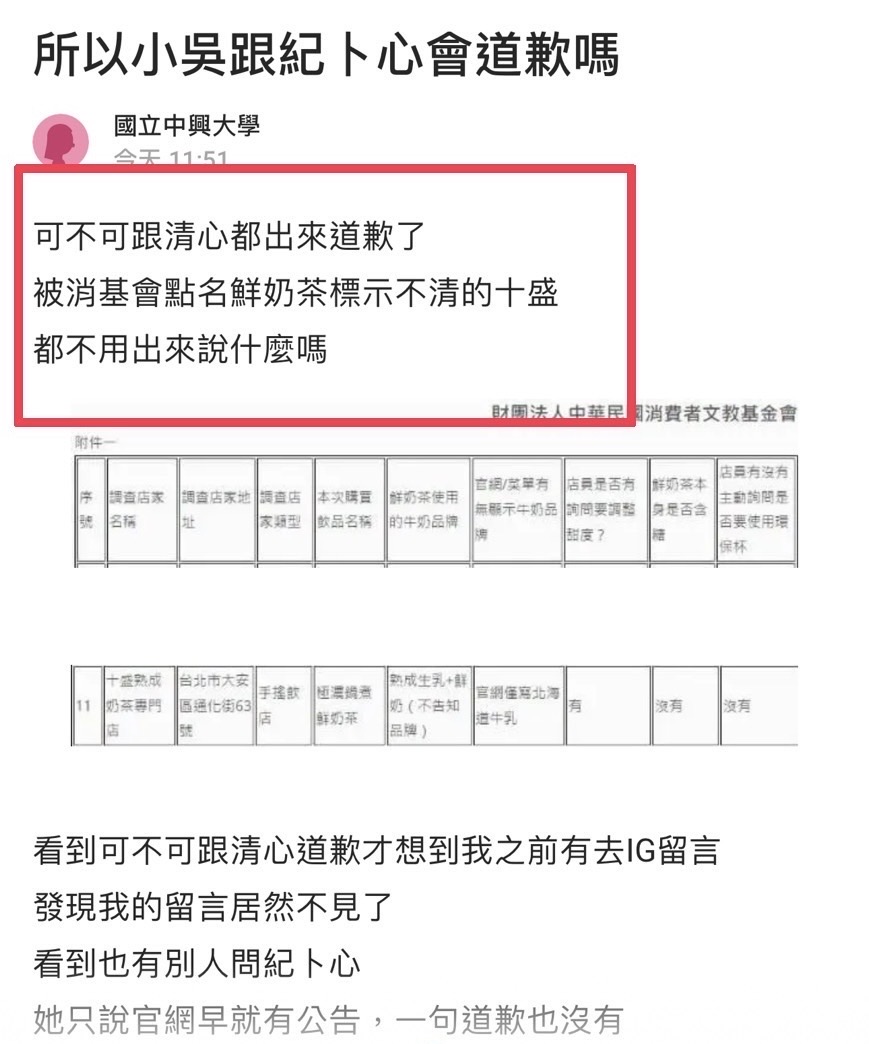 有網友在Dcard留言稱到紀卜心IG留言卻被刪除。（翻攝自Dcard）