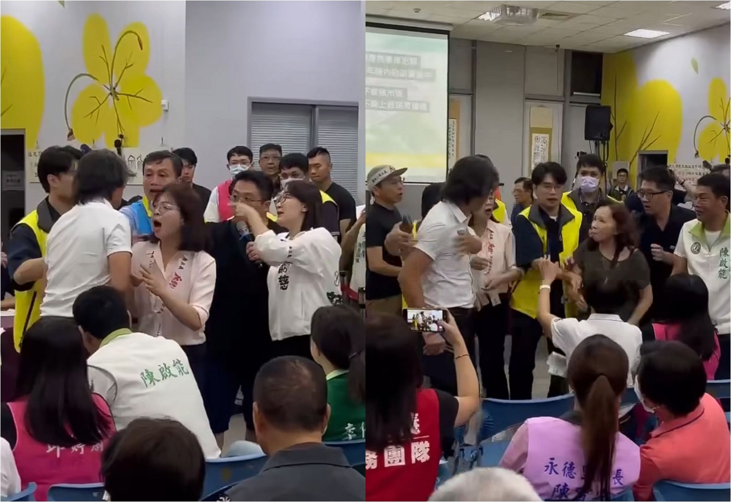 陳明義對民眾動手，林淑芬介入將2人隔開，隨後一名婦人衝上前用力推開陳明義。（翻攝自臉書）