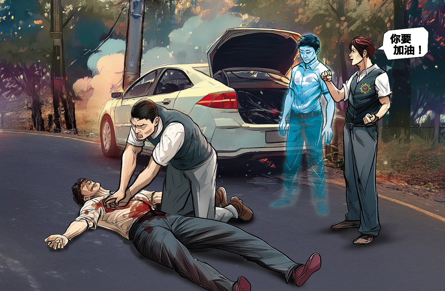 張姓商人生死一線間，有陰陽眼的刑警見他靈魂離開肉體，要他加油！（AI繪圖Adobe Firefly生成，本刊美術組後製）