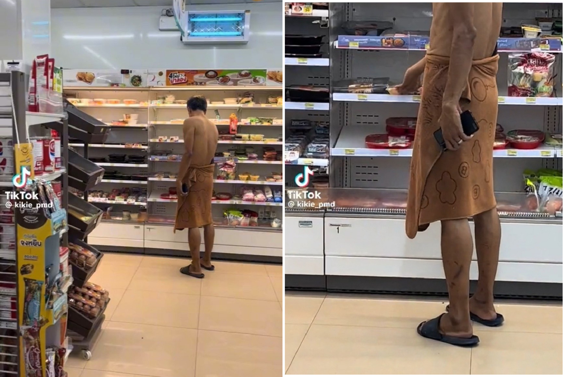 超商就是我家！他裸體只包浴巾就去買微波食品，鄉民吃驚「很怕看到人肉香腸」。（翻自TikTok）