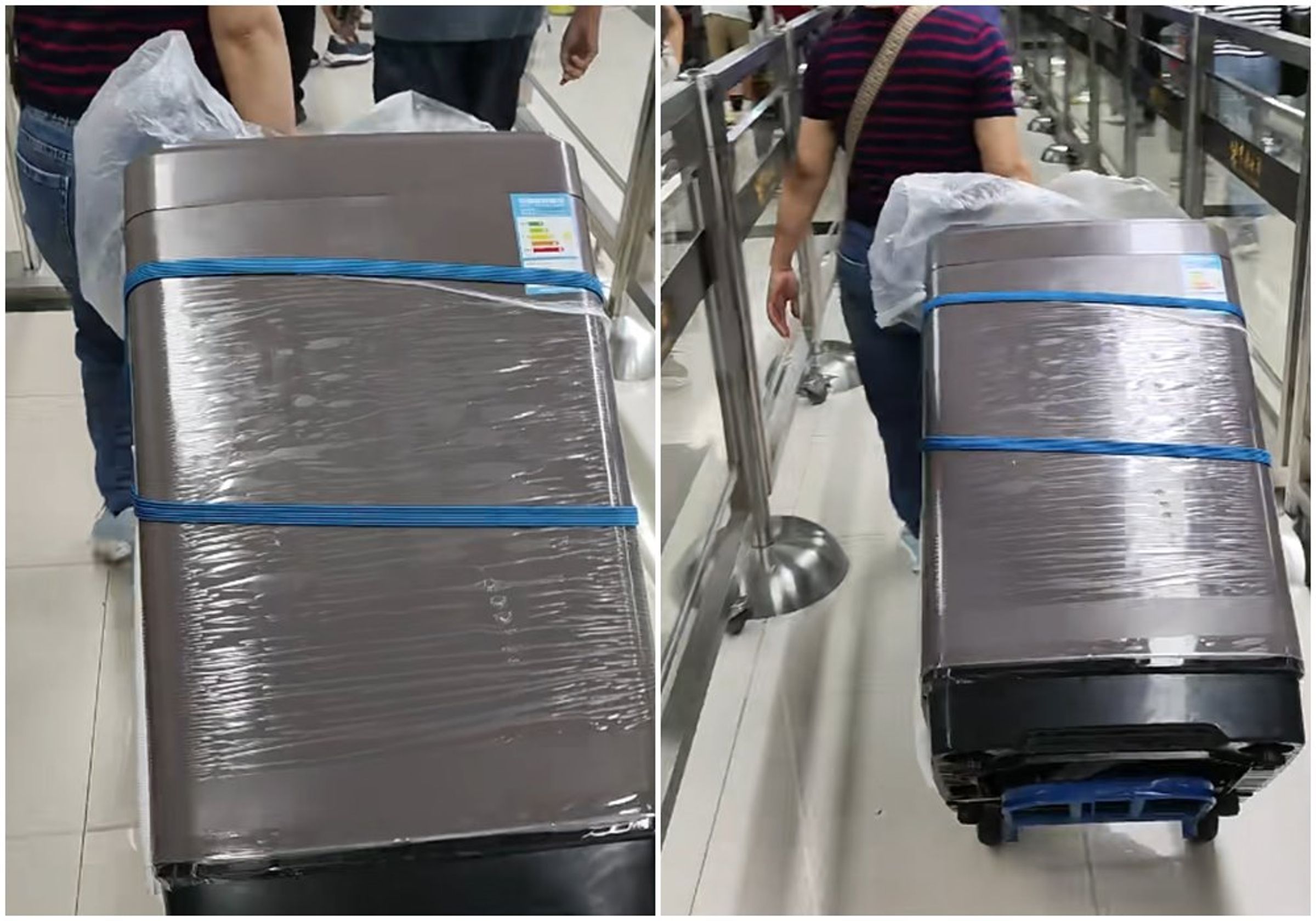 女子在香港機場拖著一台洗衣機,引起注目。(翻攝小紅書畫面)