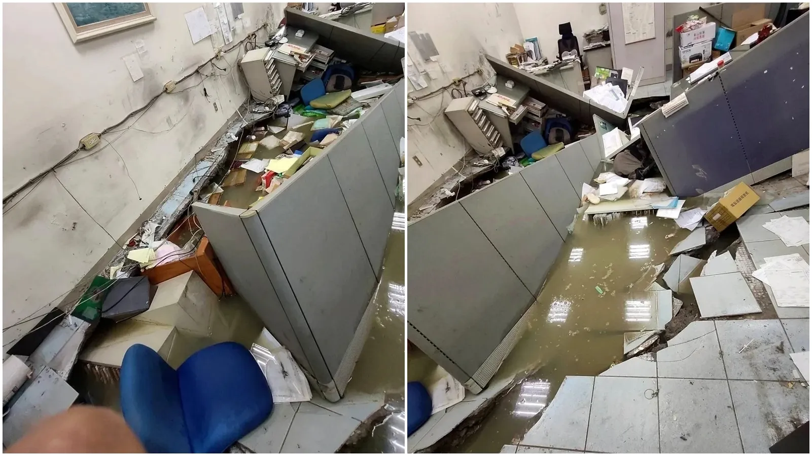 台北市民權東路二段今日下午驚傳地基塌陷，疑為建案施工不當，造成鄰房辦公室地基下陷。（議員柳采葳提供）