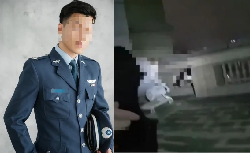 案發當時警方持盾牌與蘇姓男子（左）頂樓對峙，現場氣氛緊張，最終男子墜樓身亡，社區居民驚恐不已。（翻攝畫面）