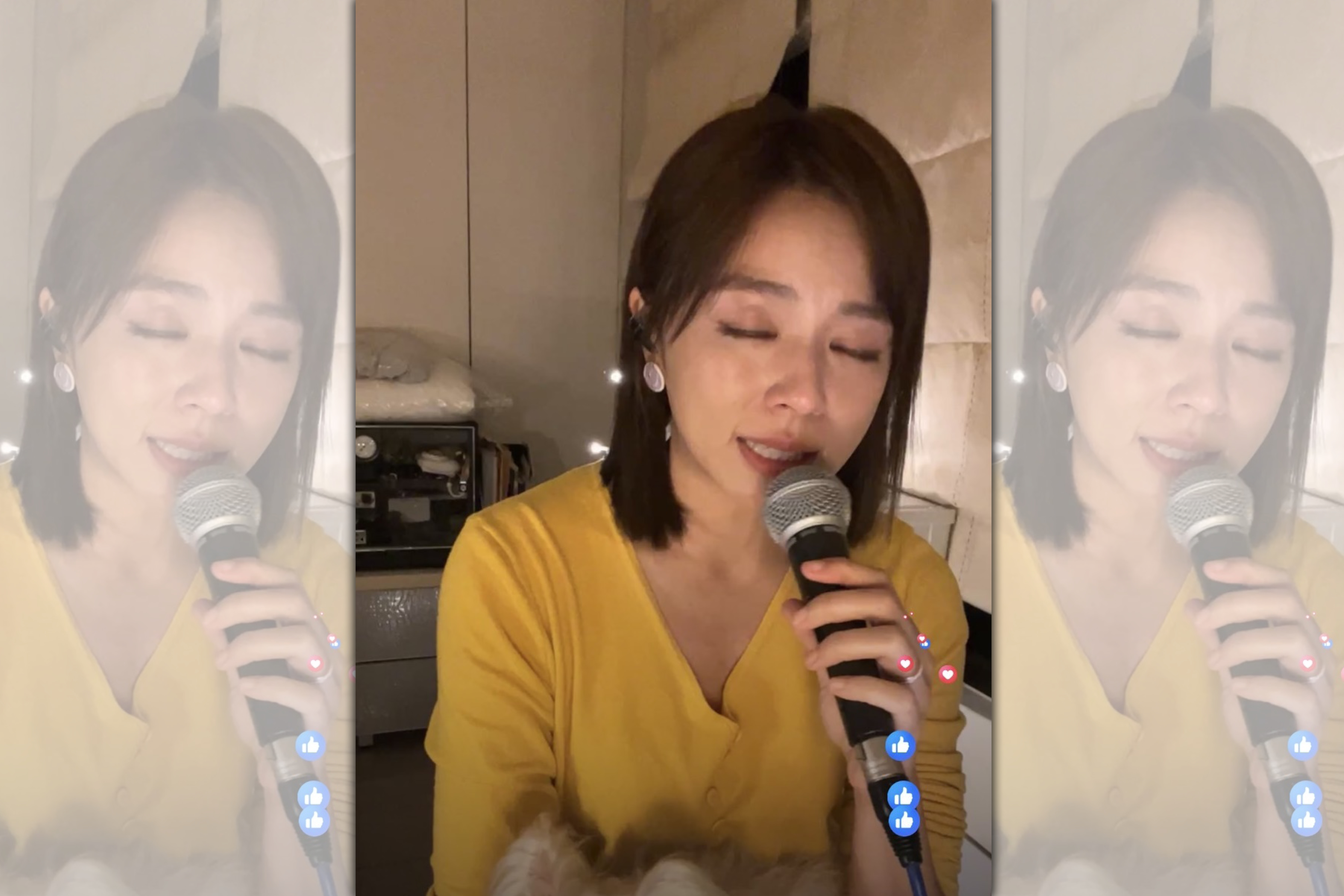 王瞳深夜在直播裡因思念艾成痛哭。（翻攝臉書直播）