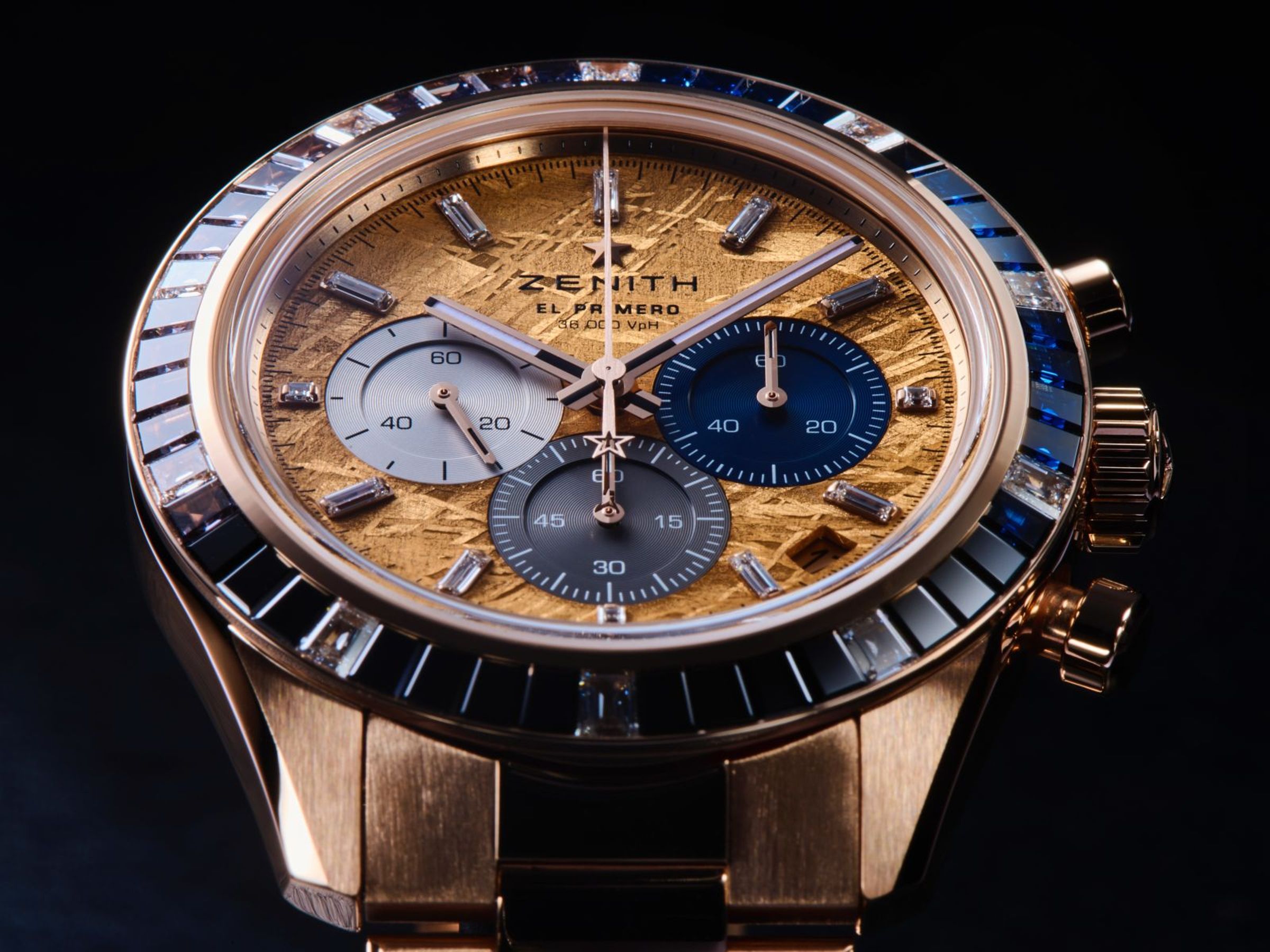 ZENITH Chronomaster Sport Precious,是品牌極少見的材質組合。這是首款鑲嵌寶石的Chronomaster Sport腕錶,把1/10秒計時功能、珍貴寶石與隕石面盤結合於一身。定價約NT$3,297,300。