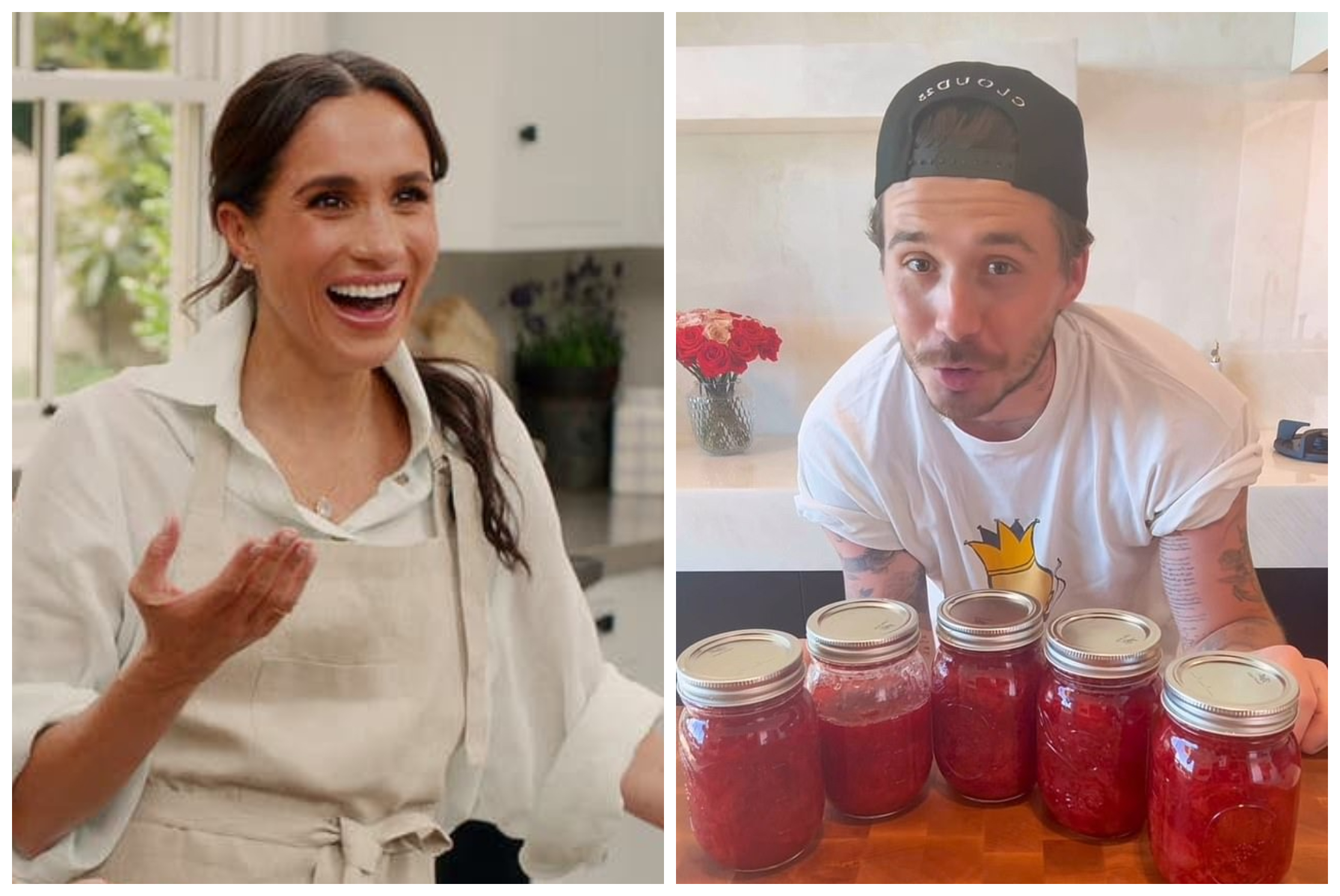 布魯克林（右）分享做草莓果醬影片，據悉是從梅根（左）身上獲得靈感。（翻攝brooklynpeltzbeckham IG、Netflix）