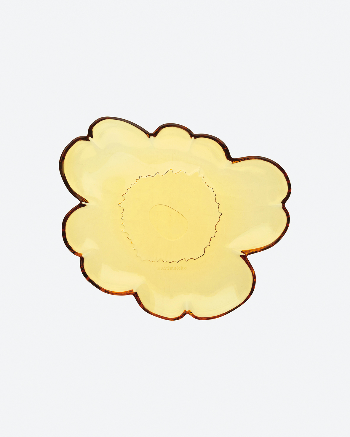 Marimekko Syksy玻璃系列琥珀金Unikko游霓可花型盤。NT$1,890。（俊思提供）