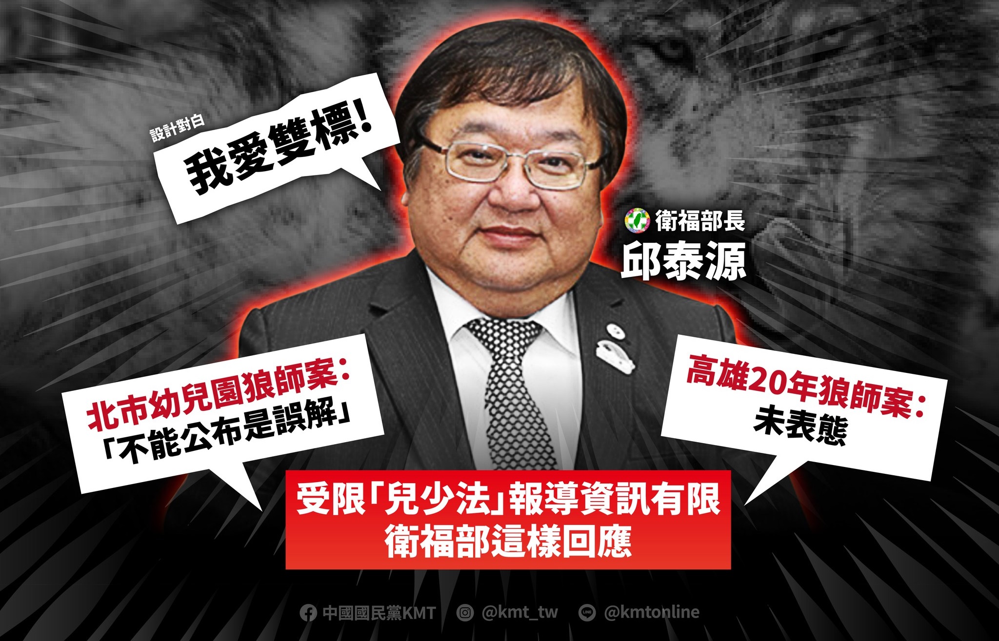 針對台北幼兒園性侵案遭輿論炎上，國民黨在臉書批評衛福部對高雄狼師案處置雙標，高雄市政府駁斥，澄清2案處置強度完全不同。（翻攝自國民黨臉書）