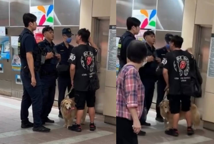 新莊捷運站發生一起攜帶寵物衝突，一名男乘客主張利用大型黑色垃圾袋包裝黃金獵犬即可進站，遭警方攔阻後情緒失控。（threads網友wood07235200提供）