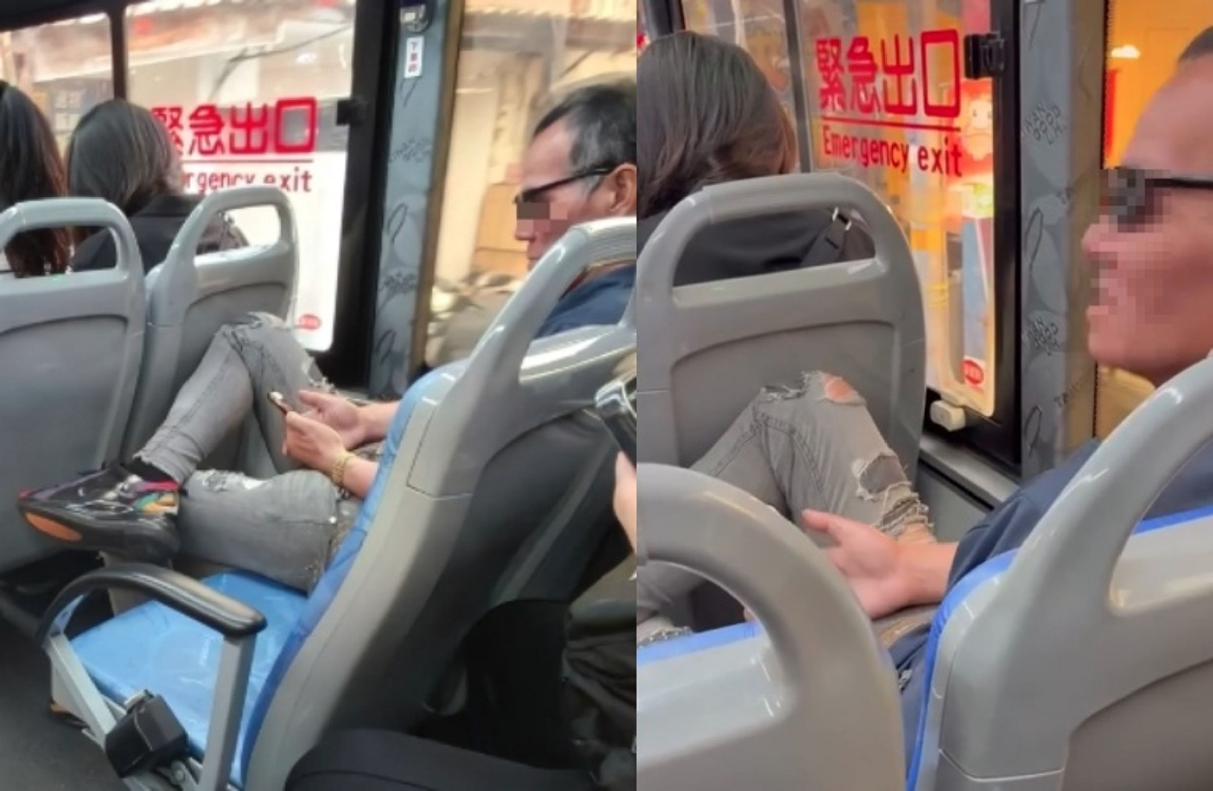 新竹一名女學生在Threads爆料,公車上一名男乘客不僅一人霸占2個座位,還放聲指責學生不讓座給老人。(Threads網友ce_.721授權提供)