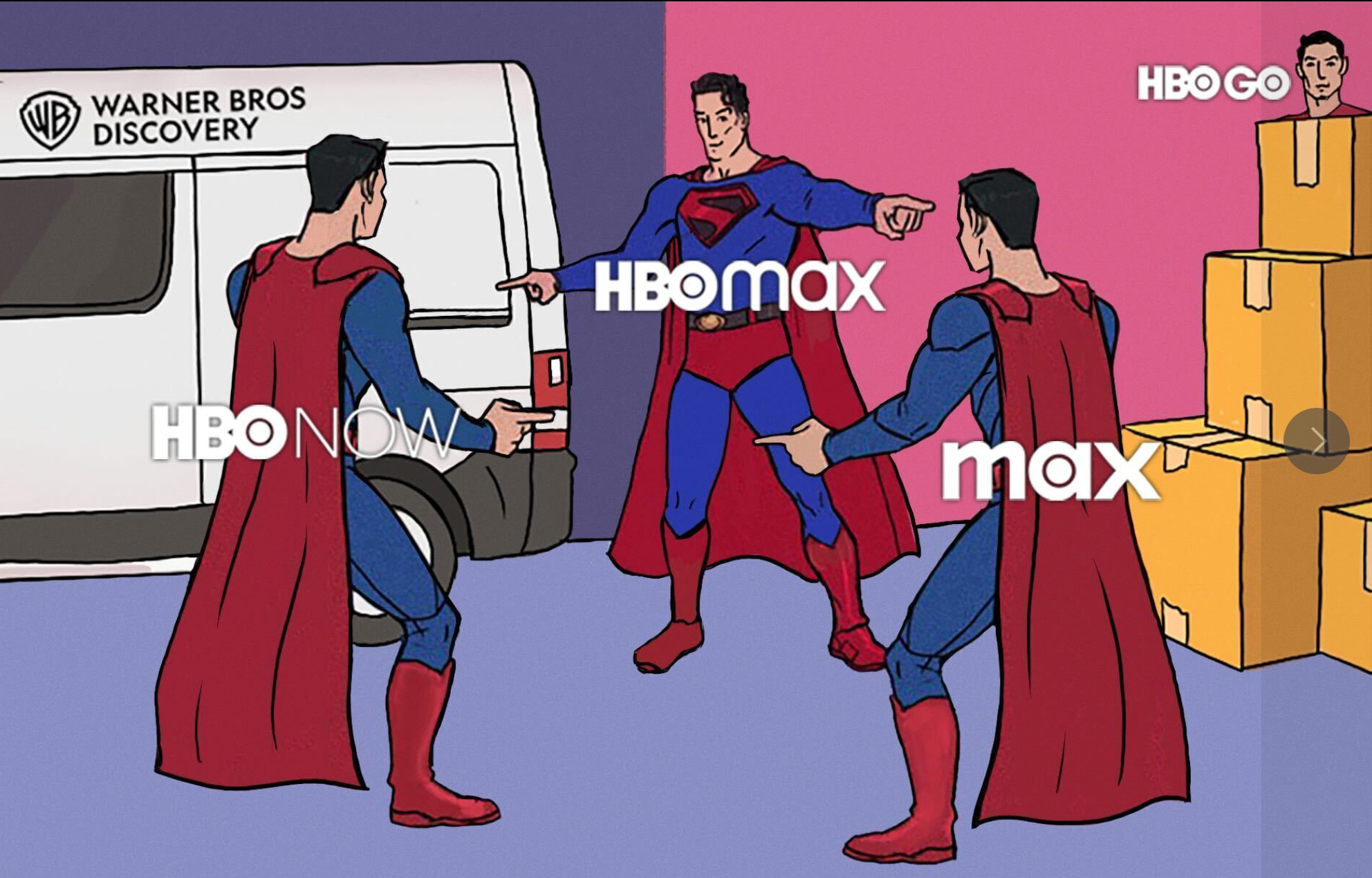 官方發佈一張哏圖解釋為何要從HBO一路改叫HBO Now，然後又改名Max，再改回HBO Max。（翻攝自Max官方臉書）