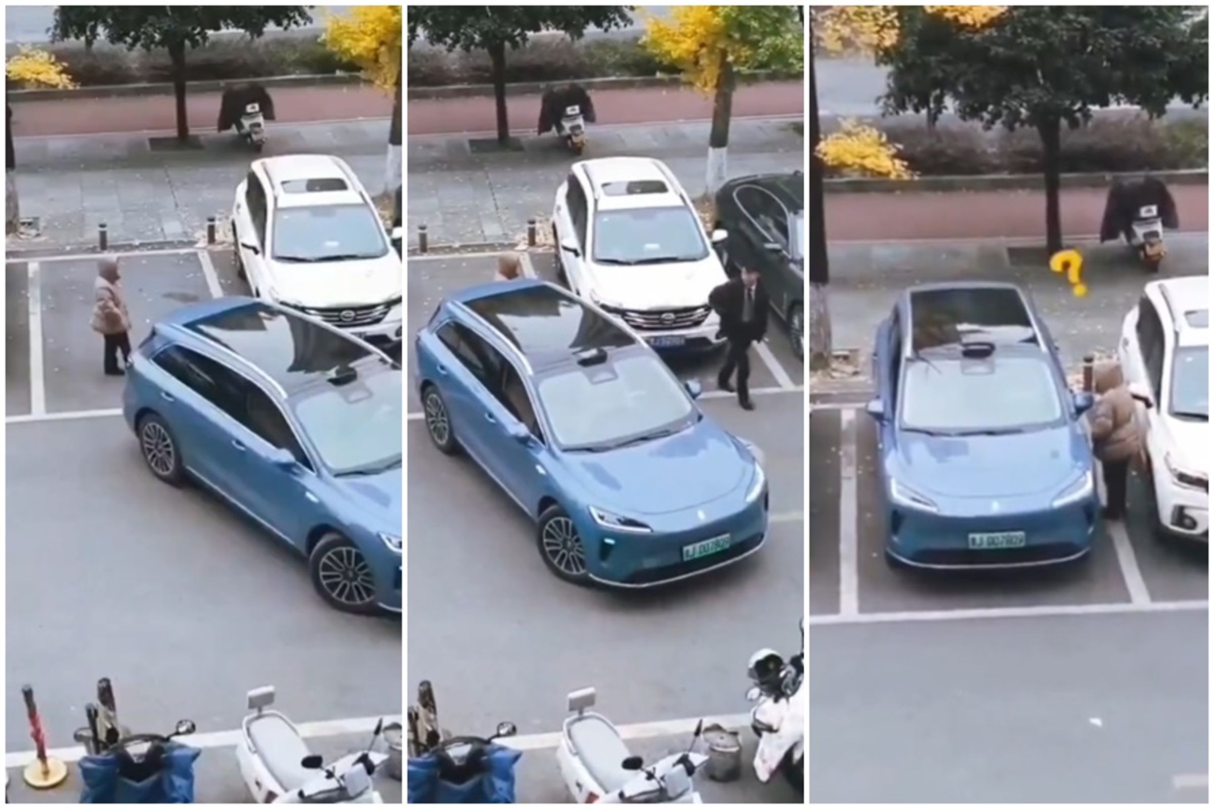 人肉占車位的大媽被電動車自動停車功能反將一軍。（翻攝自X）