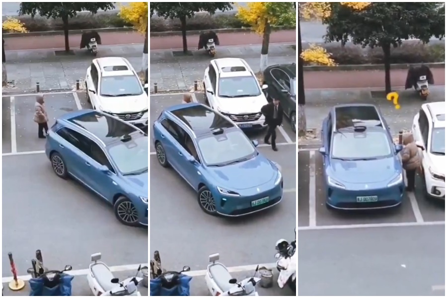 人肉占車位的大媽被電動車自動停車功能反將一軍。（翻攝自X）