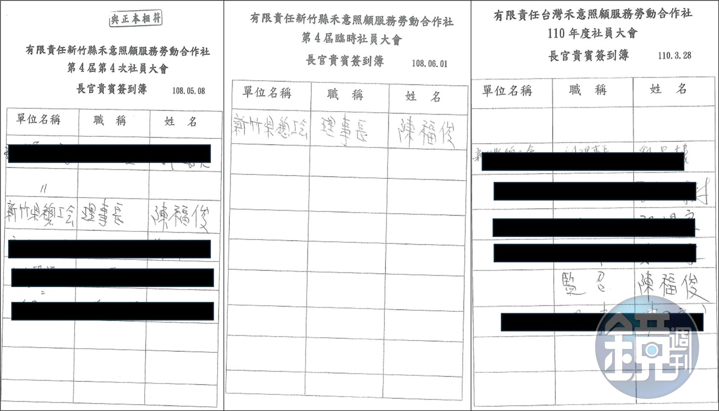 新竹縣總工會理事長陳福俊多次參加禾意集團社員大會並於簽到簿簽到。（讀者提供）