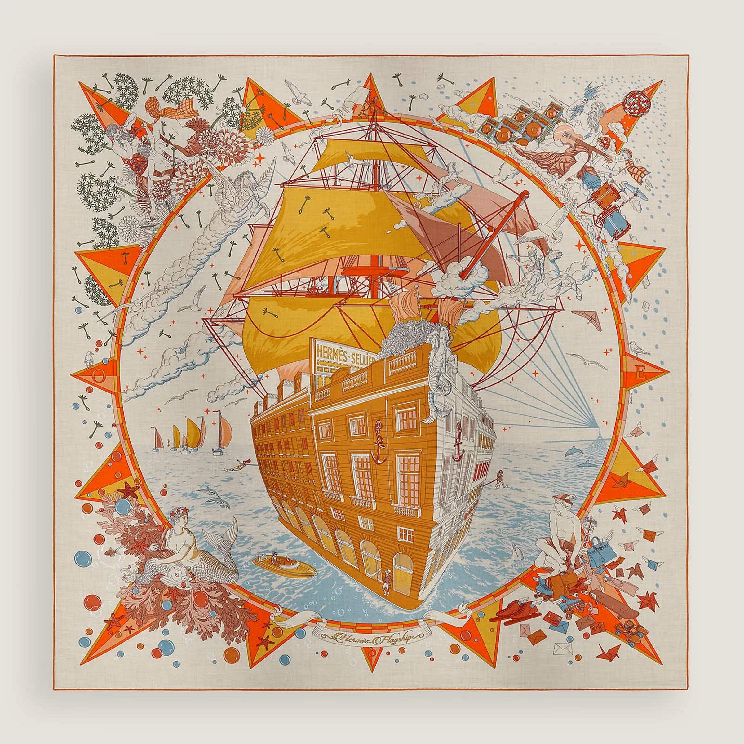 網友發現這條Hermès Flagship福寶旗艦真絲方巾，顏色和意象符合台北市長候選人沈伯洋的競選主題，在網路上掀起一股代購潮。（翻攝自Hermes官網）
