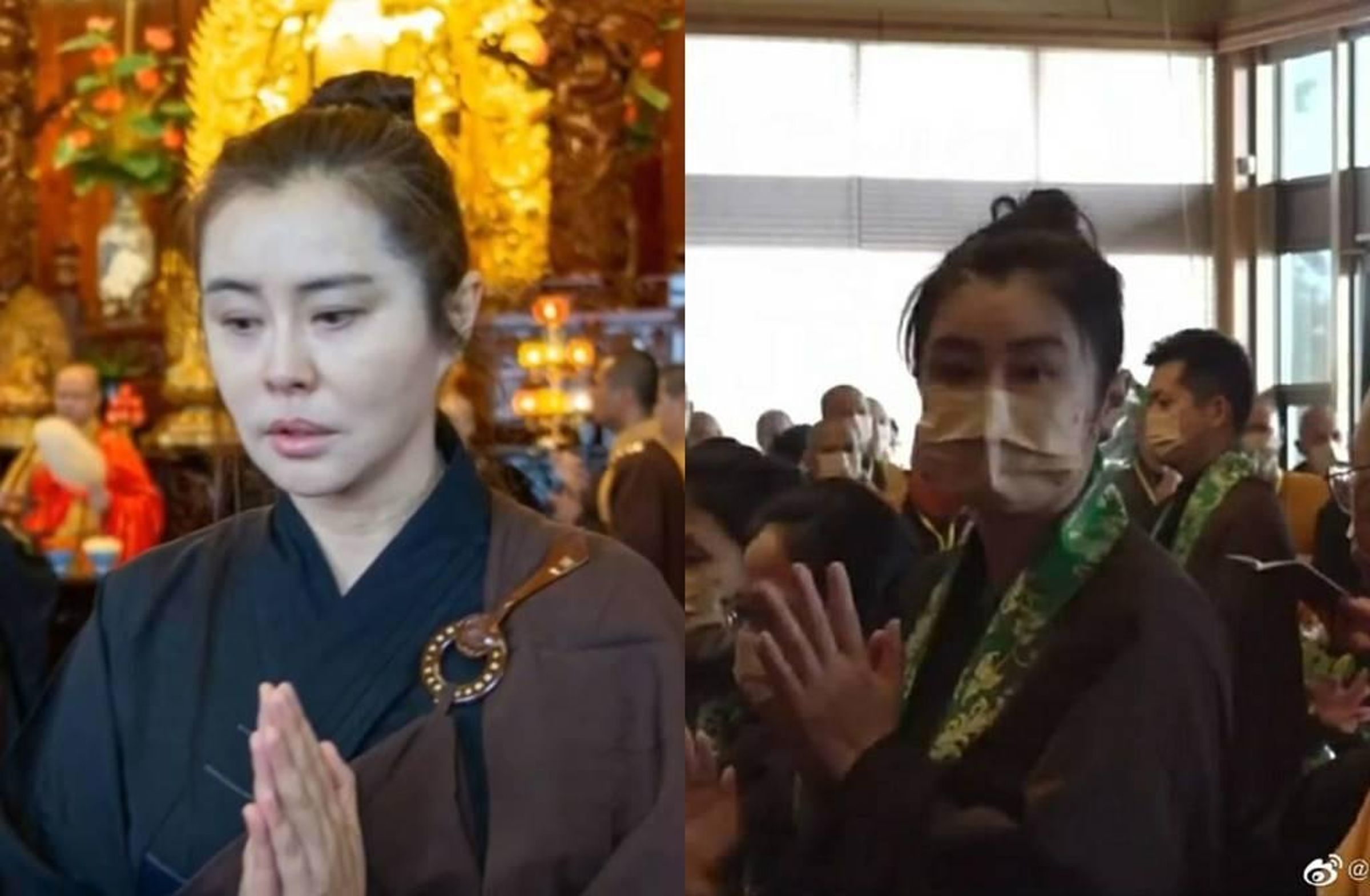 2022年王祖賢全素顏穿著海青參加法會,即使與年輕時顏值確實有差,但仍不失清秀。(微博圖片)