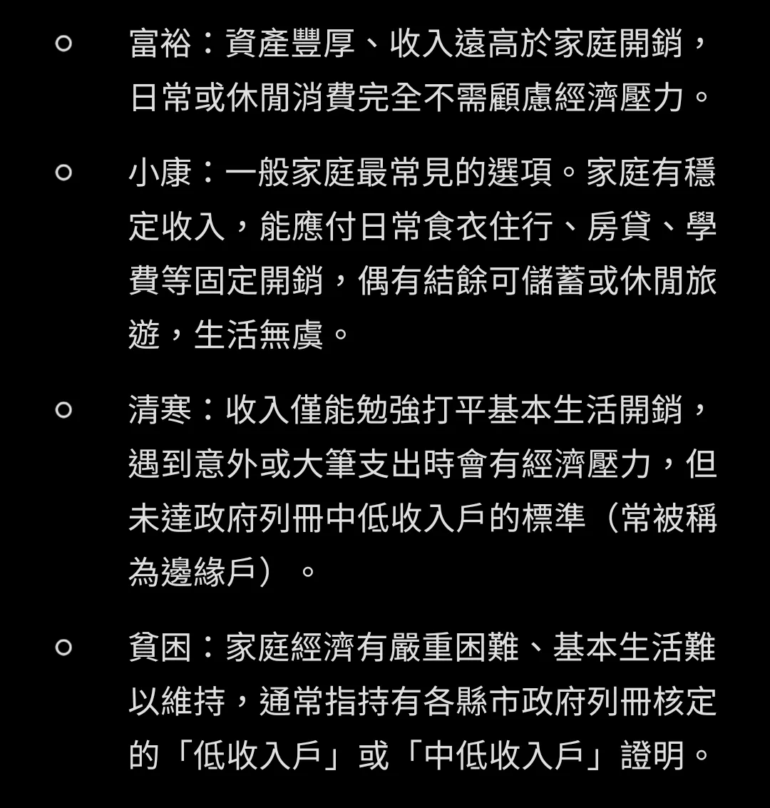 網友解釋，富裕、小康、清寒及貧困，其實有相當明確的標準。（翻攝自Threads）