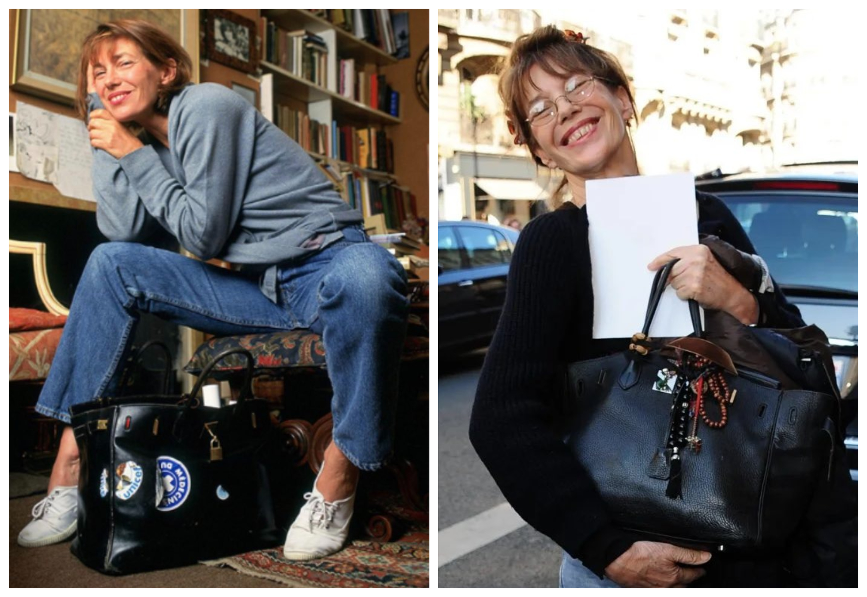 珍柏金生前總把柏金包當成日常工具,隨意放在地上、貼滿貼紙。(翻攝X@PetiteAnge_、X@yashar)