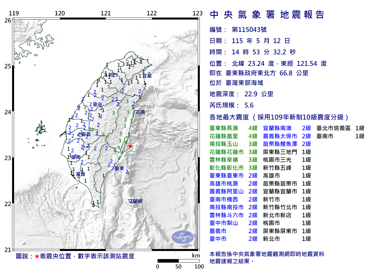 台灣發生有感地震。(氣象署提供)