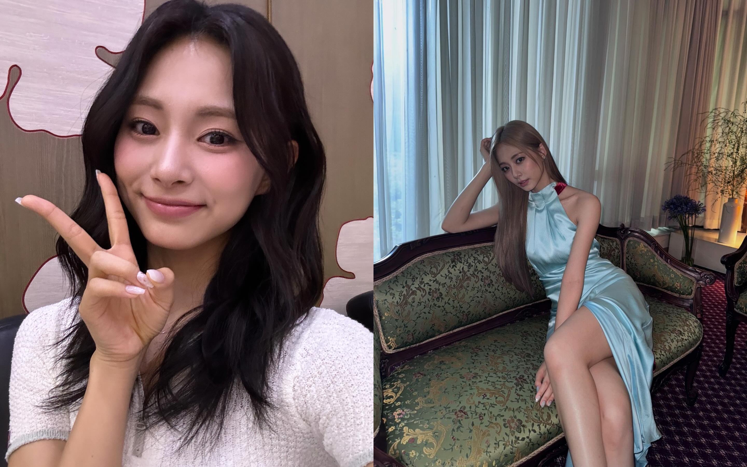 子瑜今為宣傳新專輯上可視電台作客，自曝最喜歡〈Run Away〉MV裡面這套藍色禮服造型。（左翻攝kbsgayo IG、右翻攝子瑜IG）