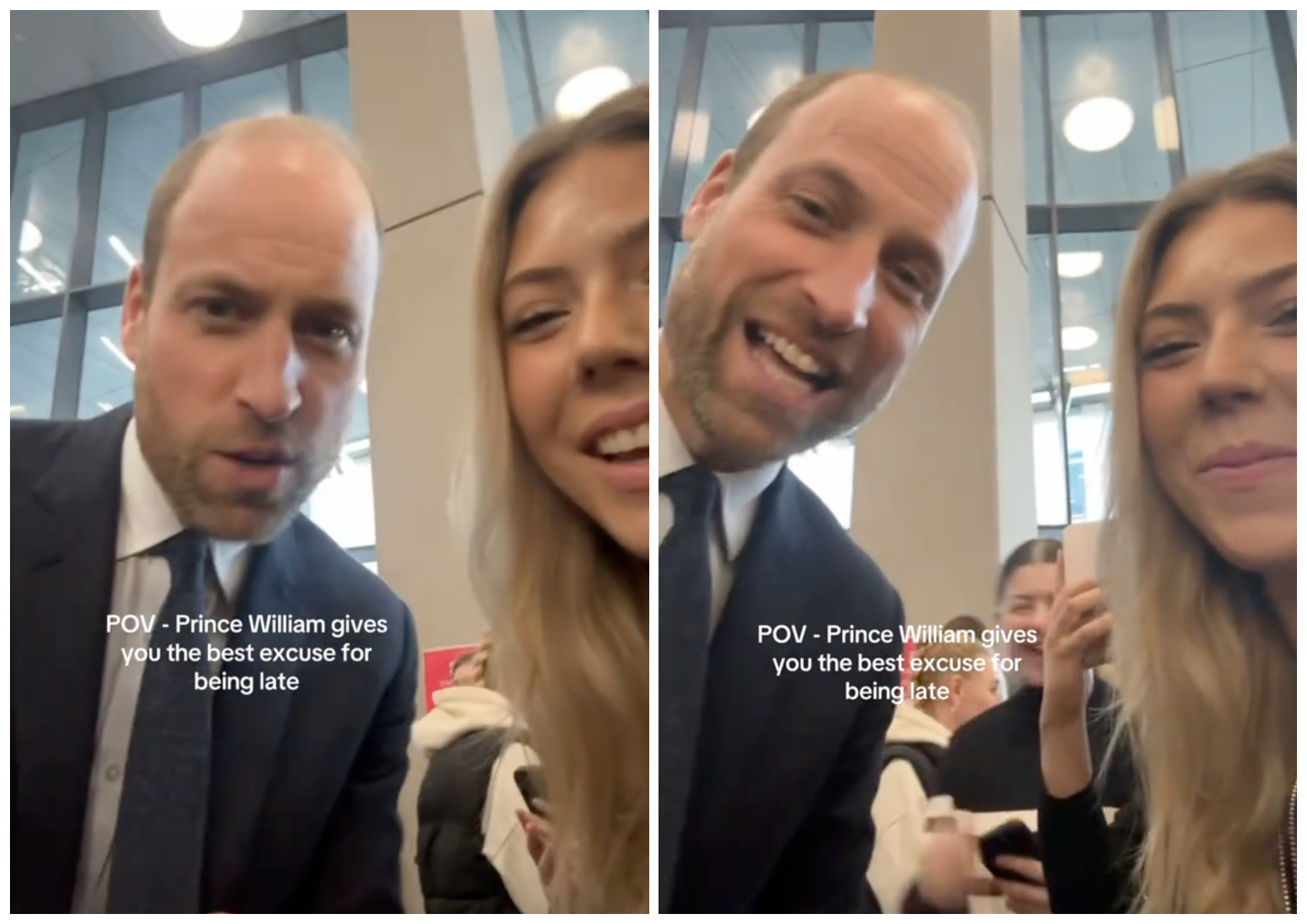 威廉王子幫女大生莎曼珊拍影片，跟老師解釋上課遲到原因。（翻攝samanthaj0hns0n抖音）