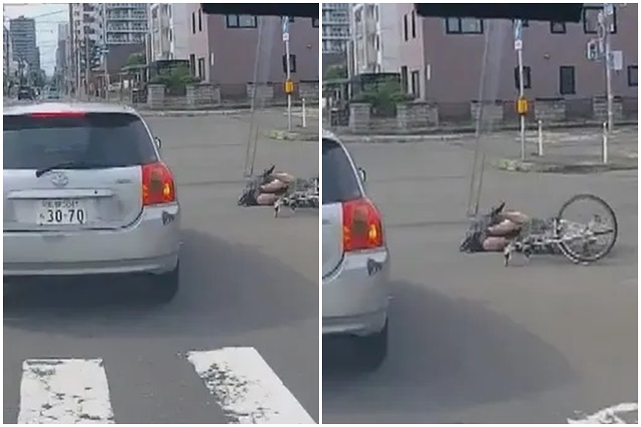 日本北海道札幌市街頭發生一起汽車與騎腳踏車女高中生擦撞事件，引發當地網友關注。（翻攝自X）