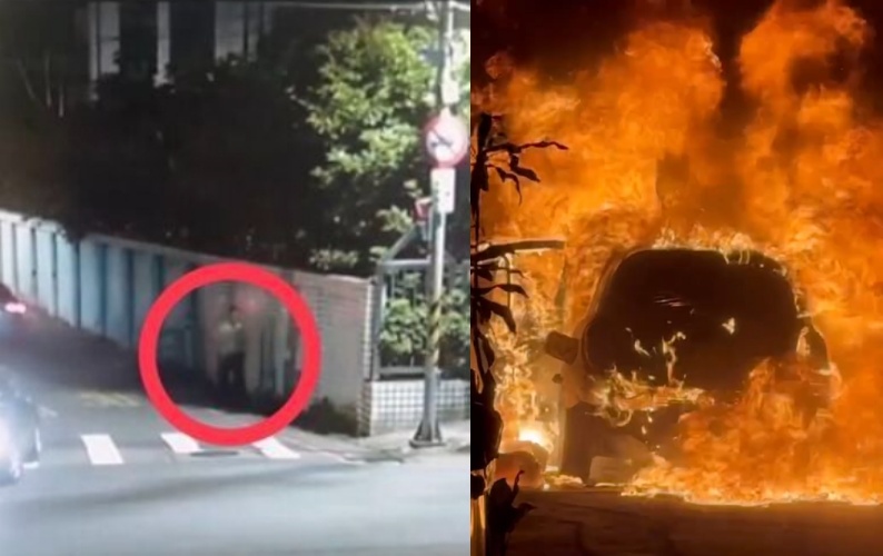 轎車瞬間爆炸成火球，火勢波及民宅，警方事後循監視器火速鎖定陳男，最終人贓俱獲。（左翻攝畫面／右翻攝自Threads @seans_0710）
