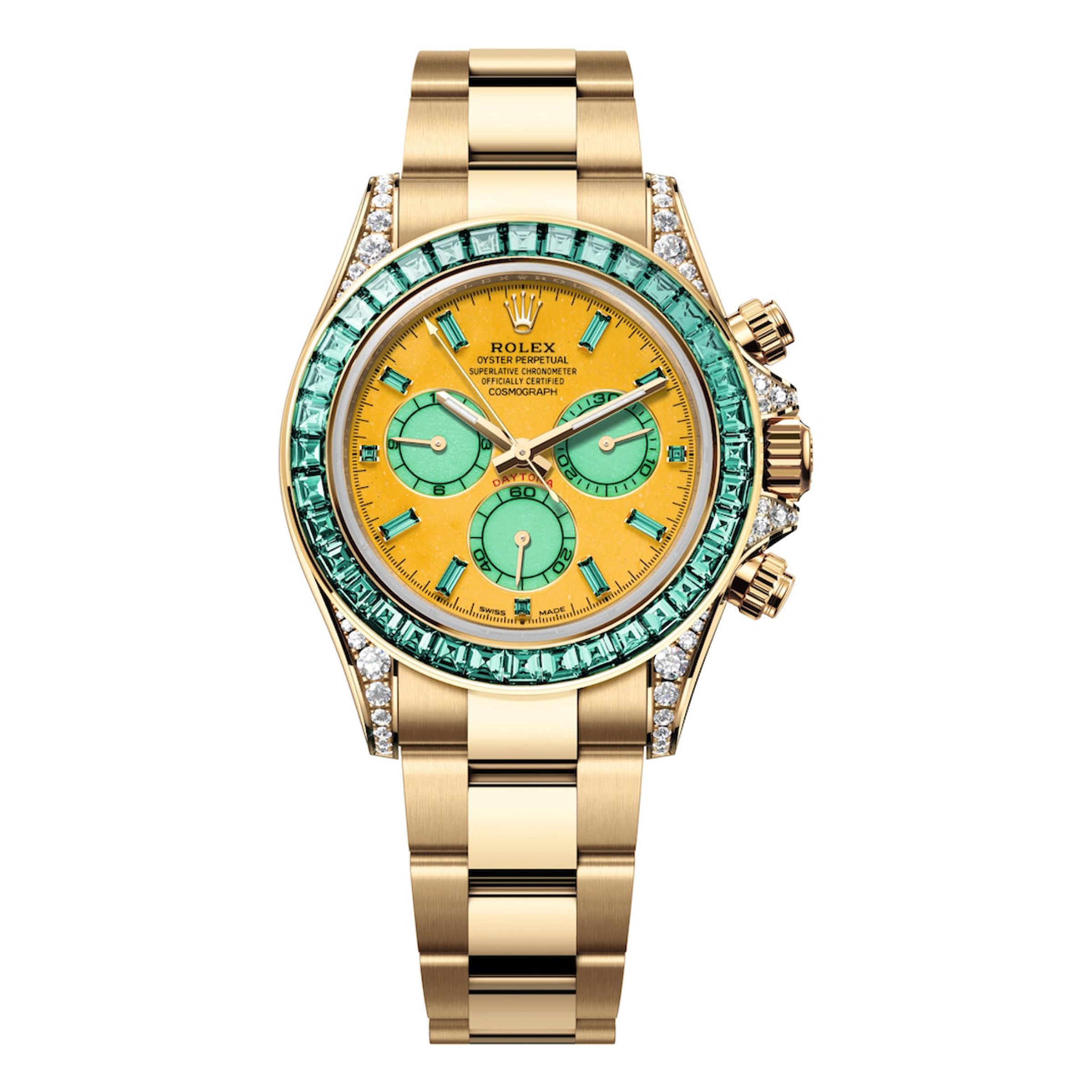 ROLEX Oyster Perpetual Cosmograph Daytona(Autumn)|型號126598 TML/錶徑40mm/18K黃金材質/穆凱特石錶面,搭配綠玉髓計時盤及綠色碧璽鐘點標記/外圈鑲嵌36顆梯形綠色碧璽。