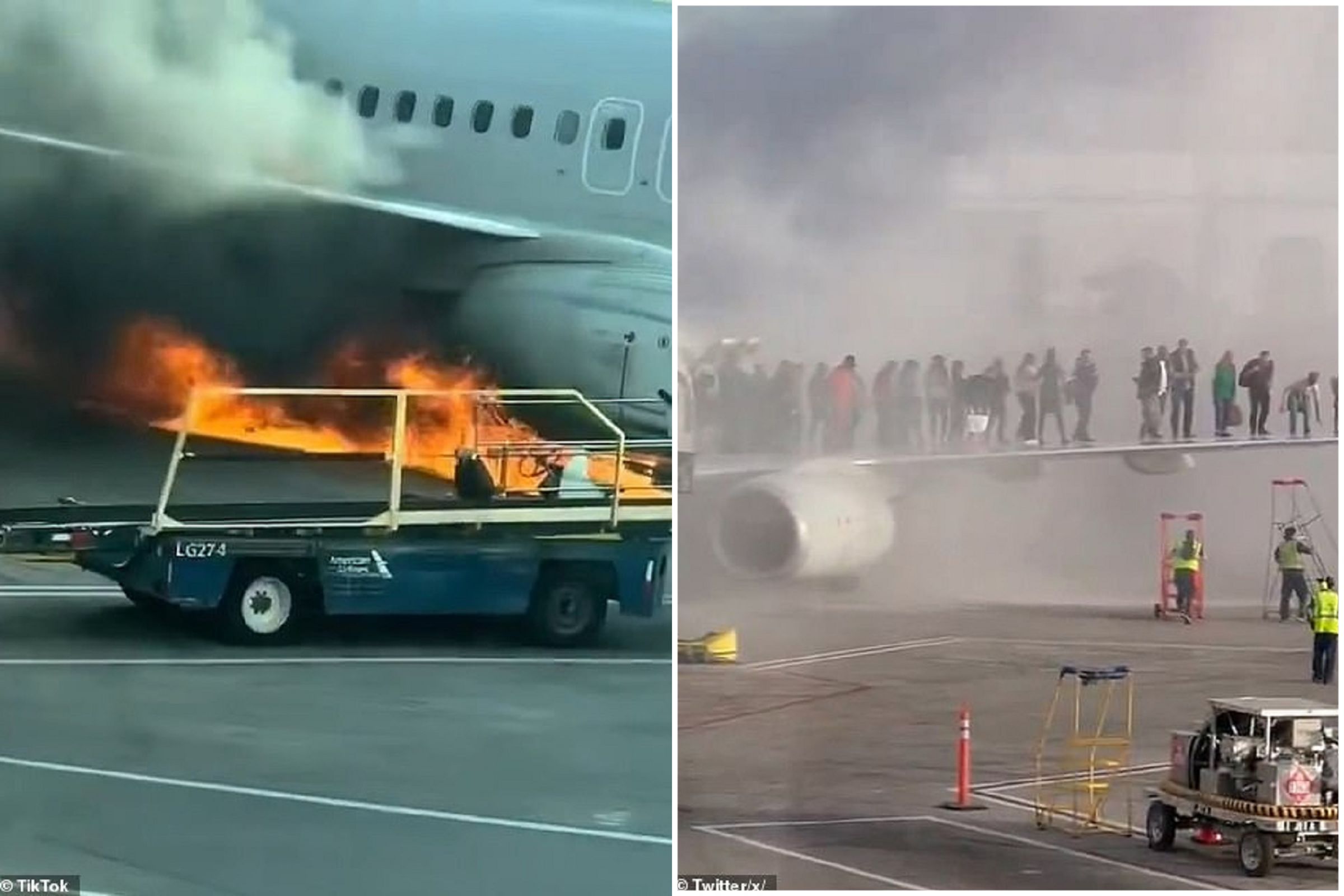 美國航空引擎故障迫降起火，乘客逃生擠滿機翼！震撼影片曝光。（翻自《每日郵報》）