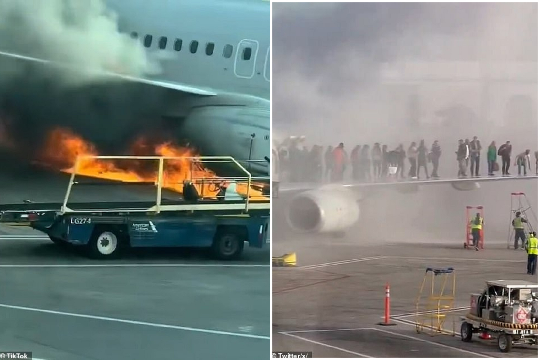 美國航空引擎故障迫降起火，乘客逃生擠滿機翼！震撼影片曝光。（翻自《每日郵報》）