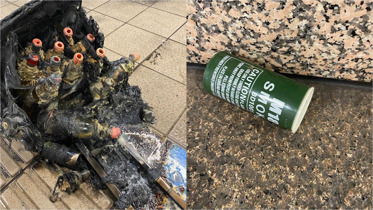 北捷台北車站遭仍煙霧彈，驚傳現場還發現疑似土製爆裂物。（翻攝畫面）