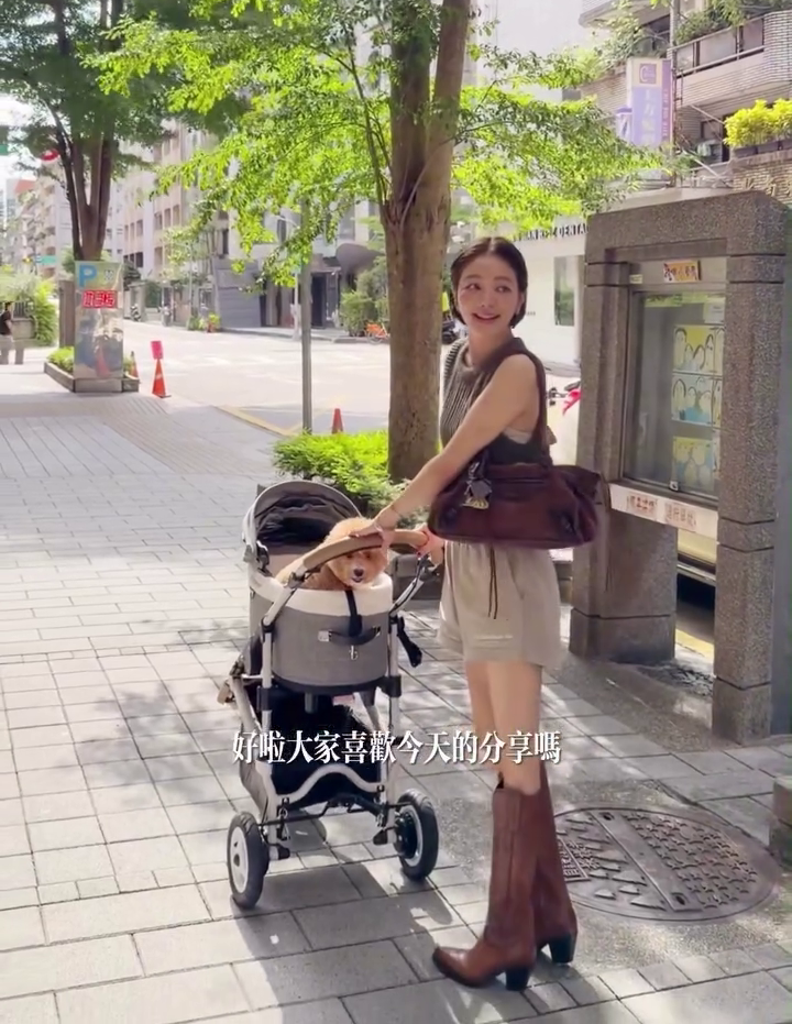 許路兒分享,帶著愛犬「許旺旺」現身街頭的畫面。(翻攝許路兒IG)