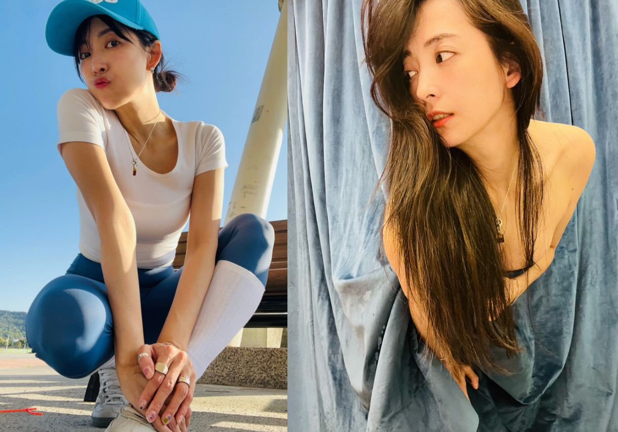 女星阿喜端午曬出性感照，身上僅用窗簾布裹身，小露性感。（翻攝臉書粉專「阿喜 林育品 」）