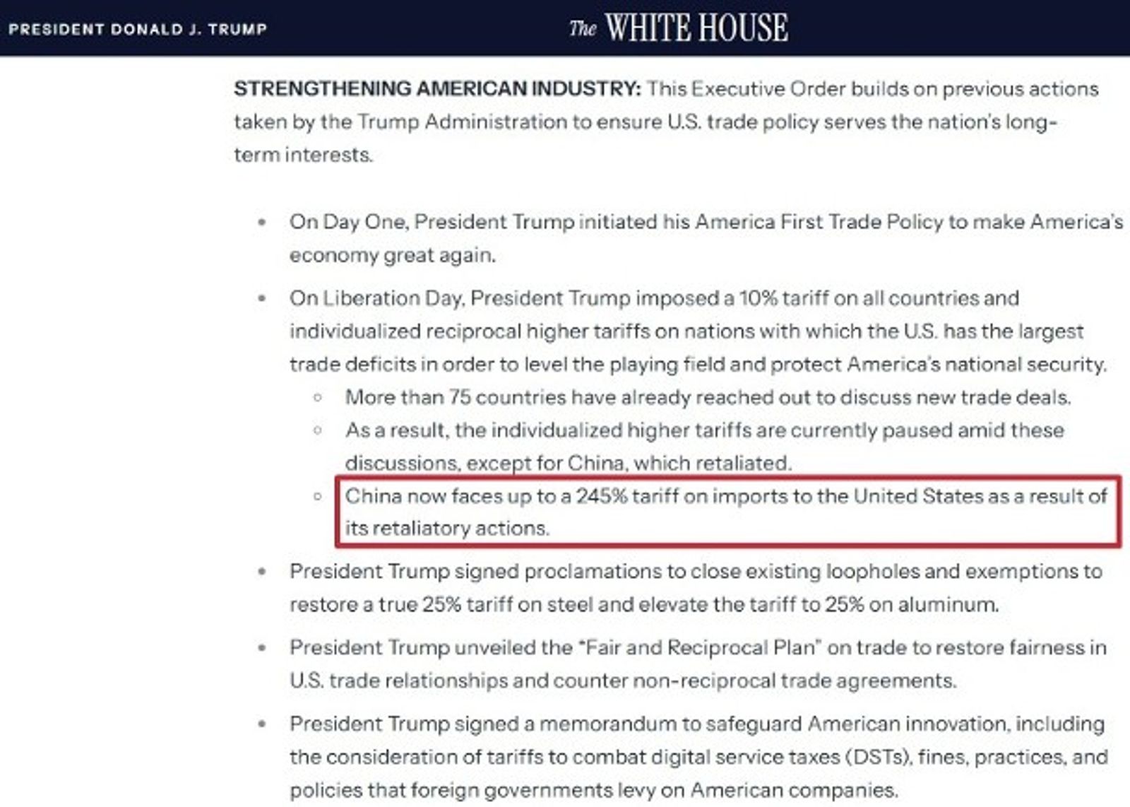 白宮新聲明指出,中國將面臨最高245%關稅,是其報復行為所致。(翻攝白宮官網)