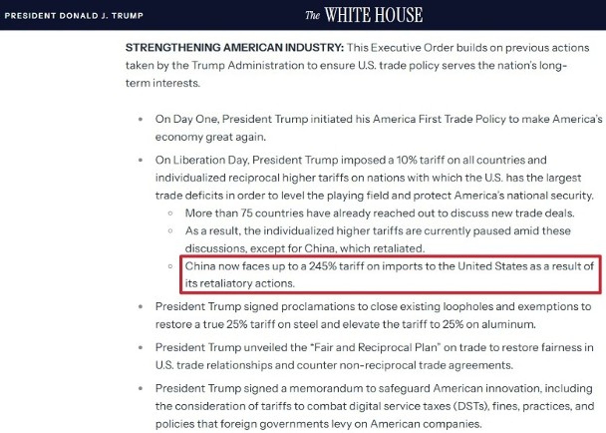 白宮新聲明指出，中國將面臨最高245%關稅，是其報復行為所致。（翻攝白宮官網）
