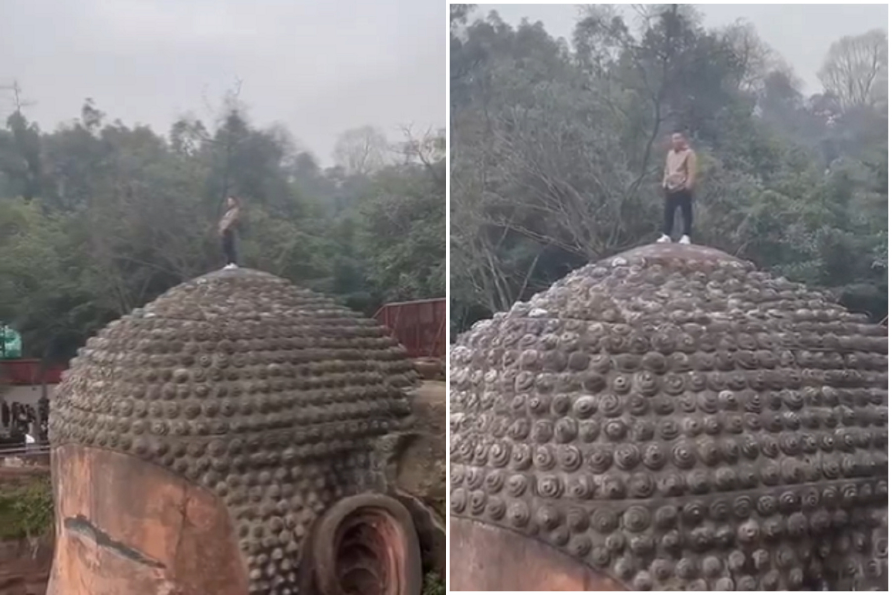 厲害了中國男！爬樂山大佛頭頂上撒尿，網驚：孫悟空轉世？（翻自微博）