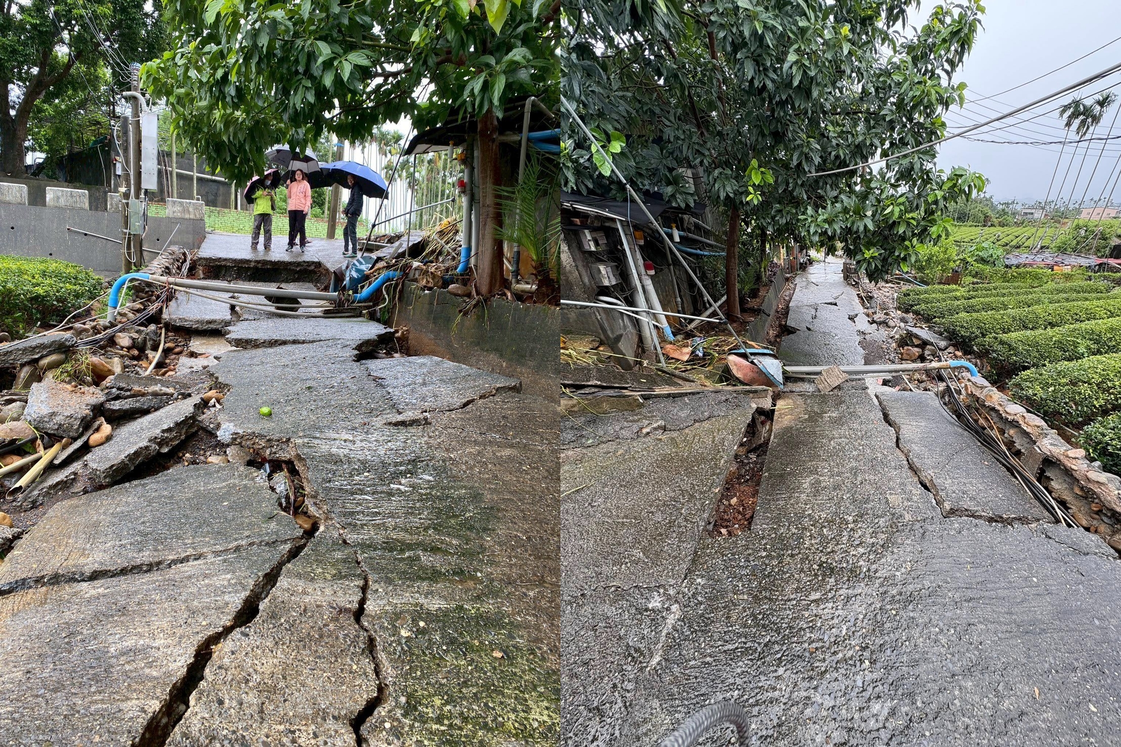 南投縣連兩日暴雨，名間鄉傳出災情有路面崩裂坍塌。（翻攝自沈夙崢.南投崢新聲臉書）