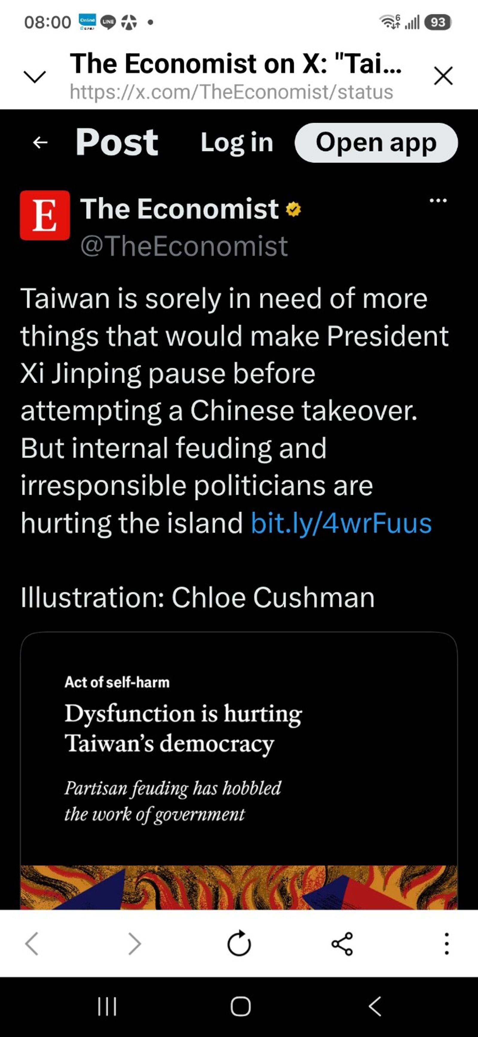 《經濟學人》再度於X平台發文，警告台灣內鬥及不負責任的政治人物正在傷害這座島嶼。圖為《經濟學人》X平台貼文截圖。（翻攝X）