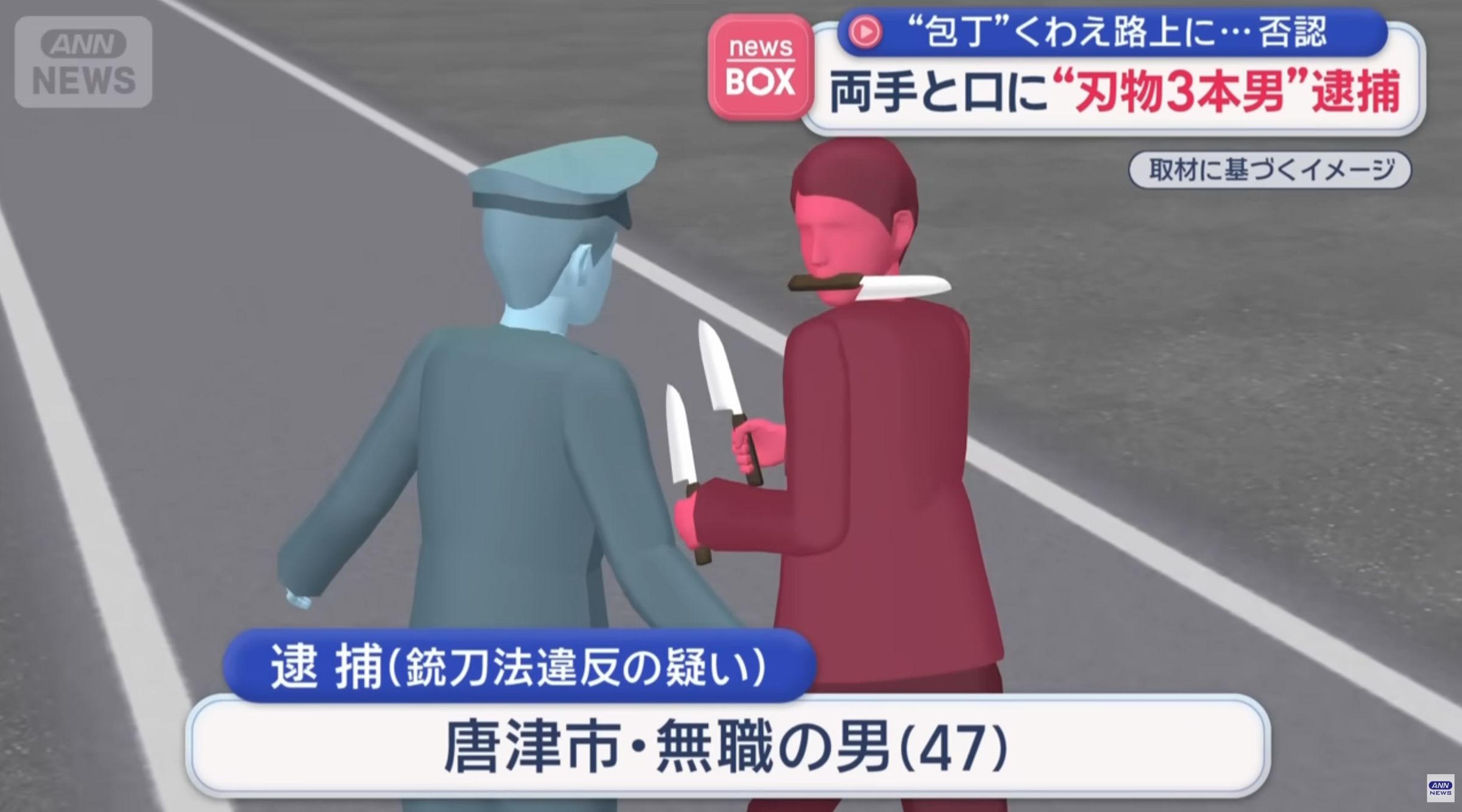 日男雙手持刀,嘴巴也刁刀,三刀流在路上閒晃被捕。(翻攝YT@ANNnewsCH)