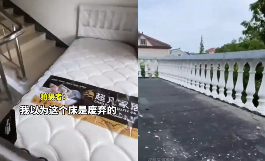 中國一名房東疑似占用公寓頂樓樓梯間，隨便擺放床跟簡單桌椅出租。（翻攝微博）  